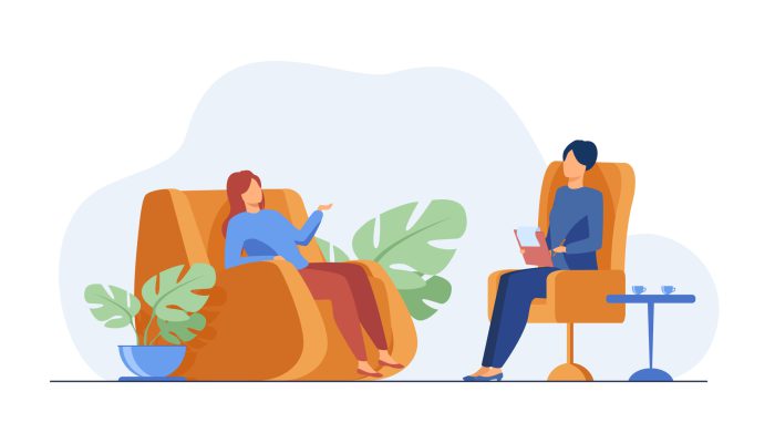 Woman visiting psychologist office. Patient sitting in armchair and talking to psychiatrist. Vector illustration for therapy session, psychotherapy counseling concept