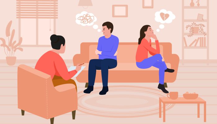 Divorce flat composition demonstrating psychologist working with unhappy sad couple sitting on couch with their backs turned away vector illustration